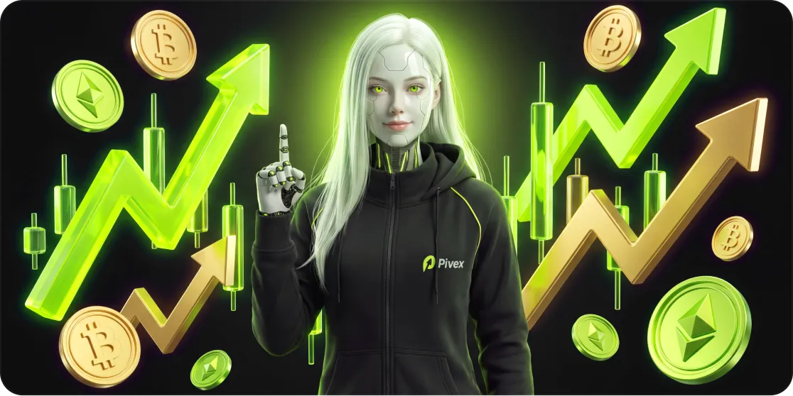 A trader surrounded by rising charts and coins